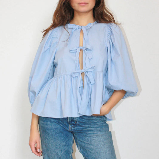 Puff Short Sleeve Peplum Tie Front Blouse