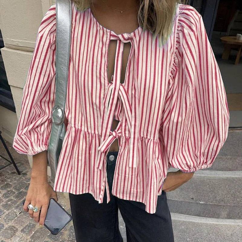 Puff Short Sleeve Peplum Tie Front Blouse