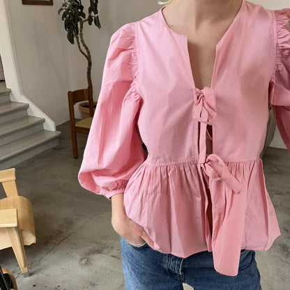 Puff Short Sleeve Peplum Tie Front Blouse