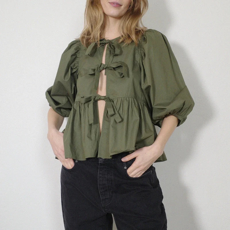 Puff Short Sleeve Peplum Tie Front Blouse