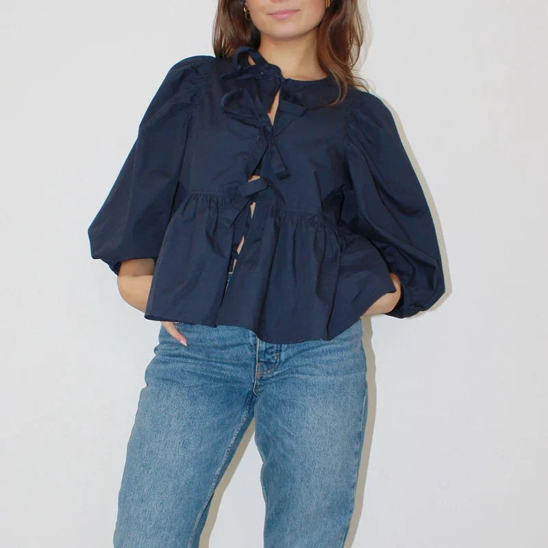 Puff Short Sleeve Peplum Tie Front Blouse