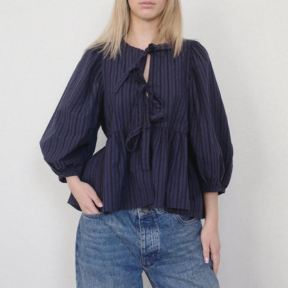 Puff Short Sleeve Peplum Tie Front Blouse