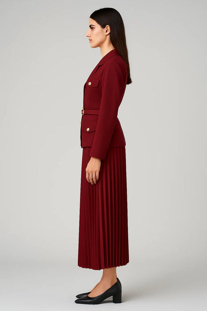 Women’s Elegant Double-Breasted Blazer and Pleated Midi Skirt Set – Tailored Formal Two-Piece in Bordeaux
