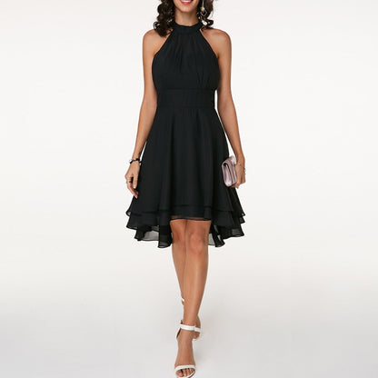 Women’s Halter Midi Dress – Flared Skirt with Ruffle Detailing