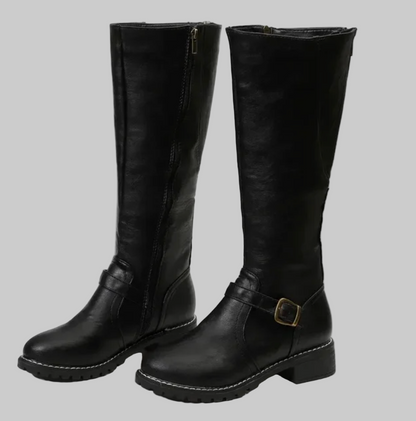 Women’s Knee-High Boots – Classic Buckle Strap Design
