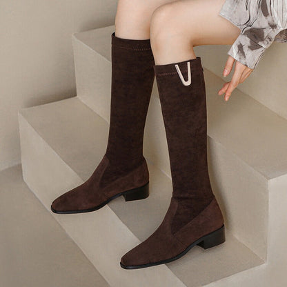 Women’s Knee-High Faux Leather Boots – Soft Fit with Low Block Heel