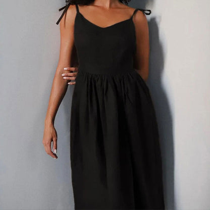 Women’s Linen Midi Dress – V-Neck – Open Back – Adjustable Tie Straps – Side Slit