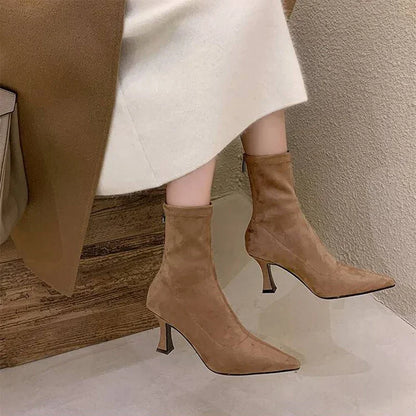 Women’s Faux Leather Sock Boots with Pointed Toe and Mid Heel – Brown Stretch Fit Ankle Boots