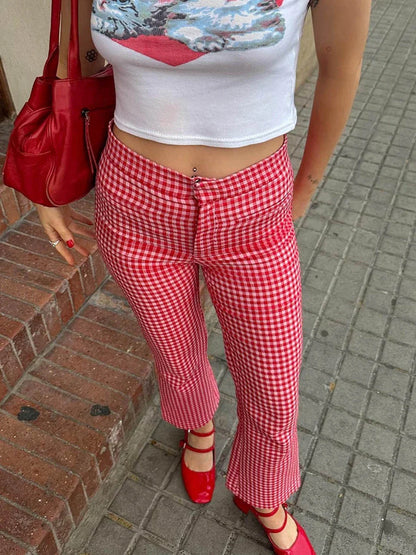 Gingham Red High Waist Flare Plaid Pant
