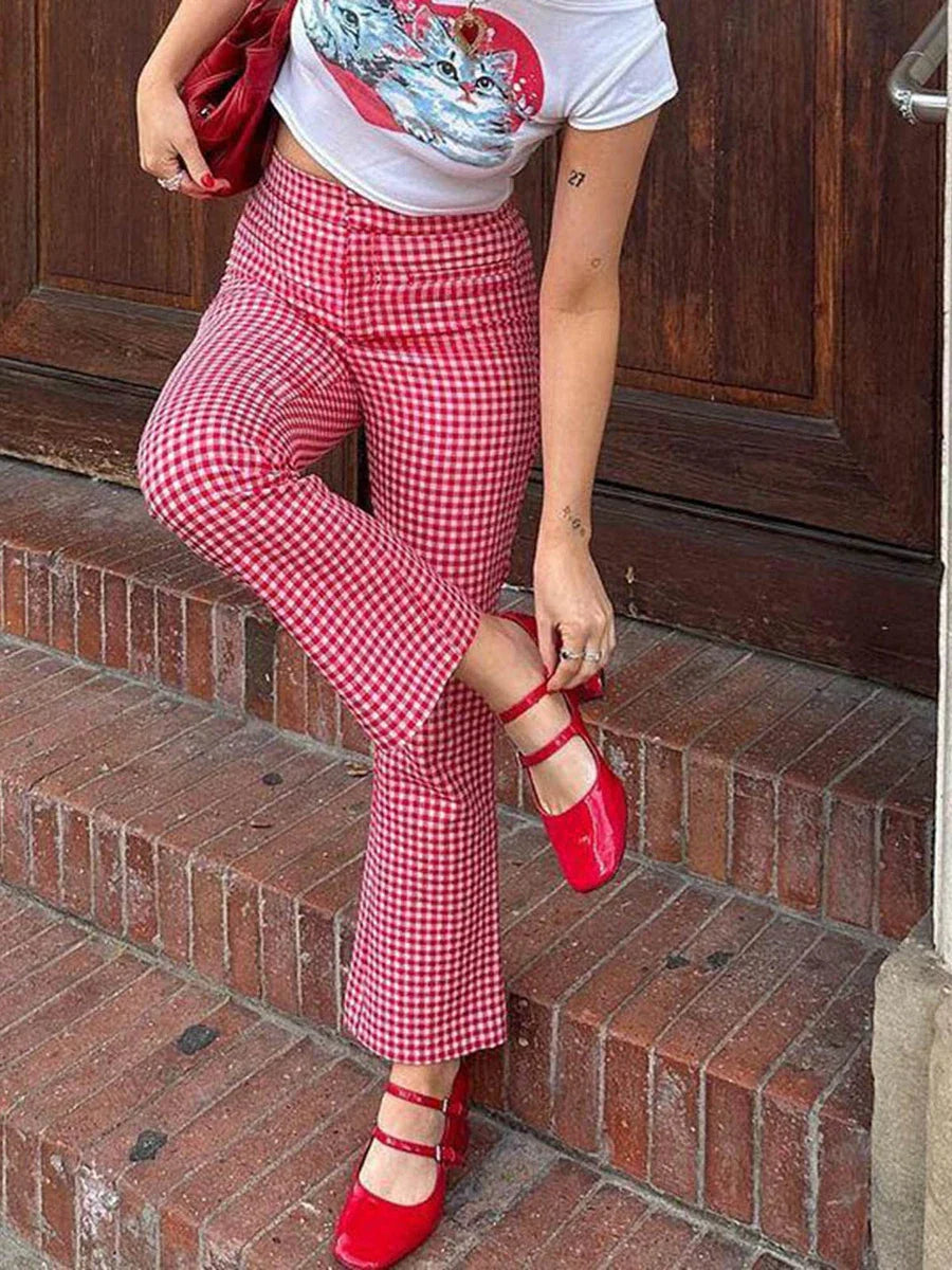Gingham Red High Waist Flare Plaid Pant
