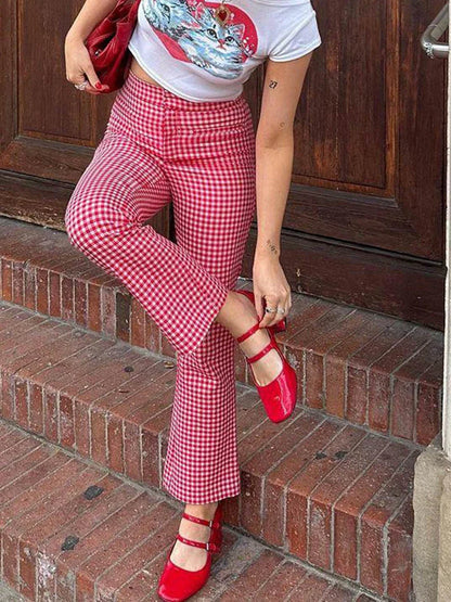 Gingham Red High Waist Flare Plaid Pant