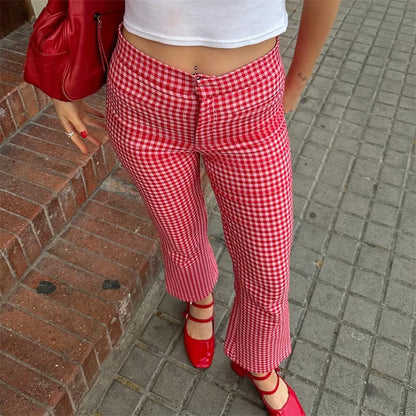 Gingham Red High Waist Flare Plaid Pant