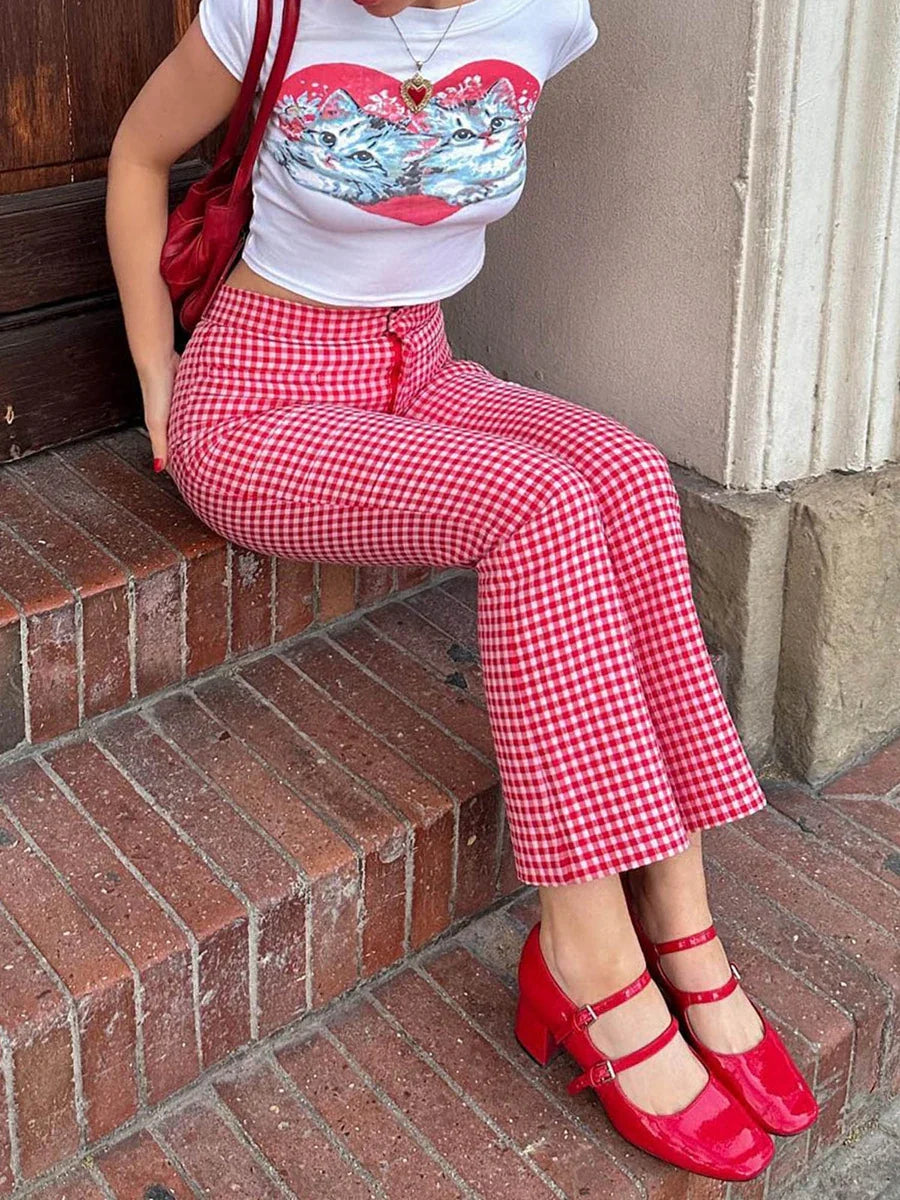 Gingham Red High Waist Flare Plaid Pant