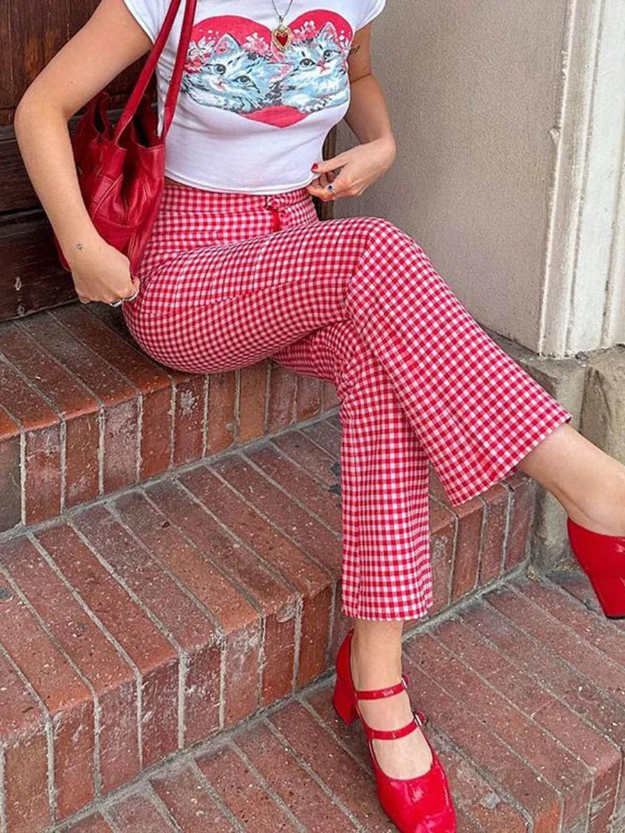 Gingham Red High Waist Flare Plaid Pant