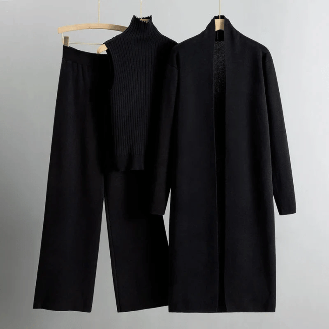 Women’s Three-Piece Lounge Set – Ribbed Knit Top, Wide-Leg Trousers & Longline Cardigan