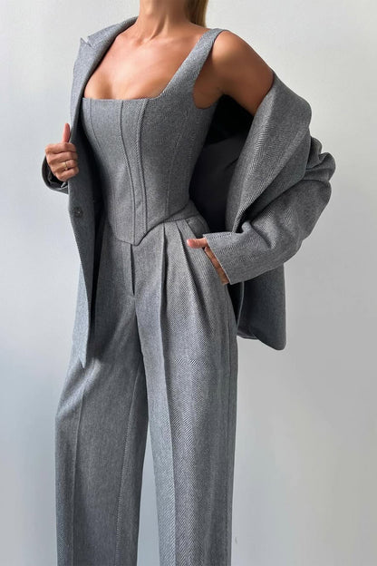 Women’s Three-Piece Trouser Suit – Double-Breasted Blazer, Corset Top, Wide-Leg