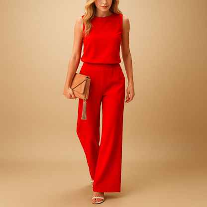 Women’s Wide Leg Jumpsuit – Round Neck Mid-Waist Fit for Elegant Styling