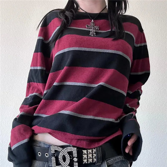 Y2k Stripe Graphic Slim Grunge Long Sleeve Knit Top