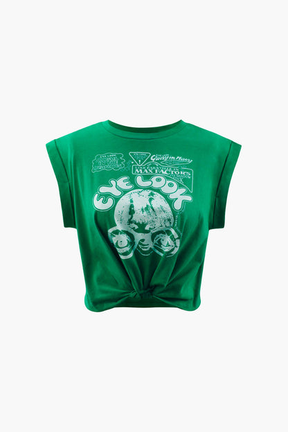 Womens Graphic Tees Rolled Sleeves Crop Top