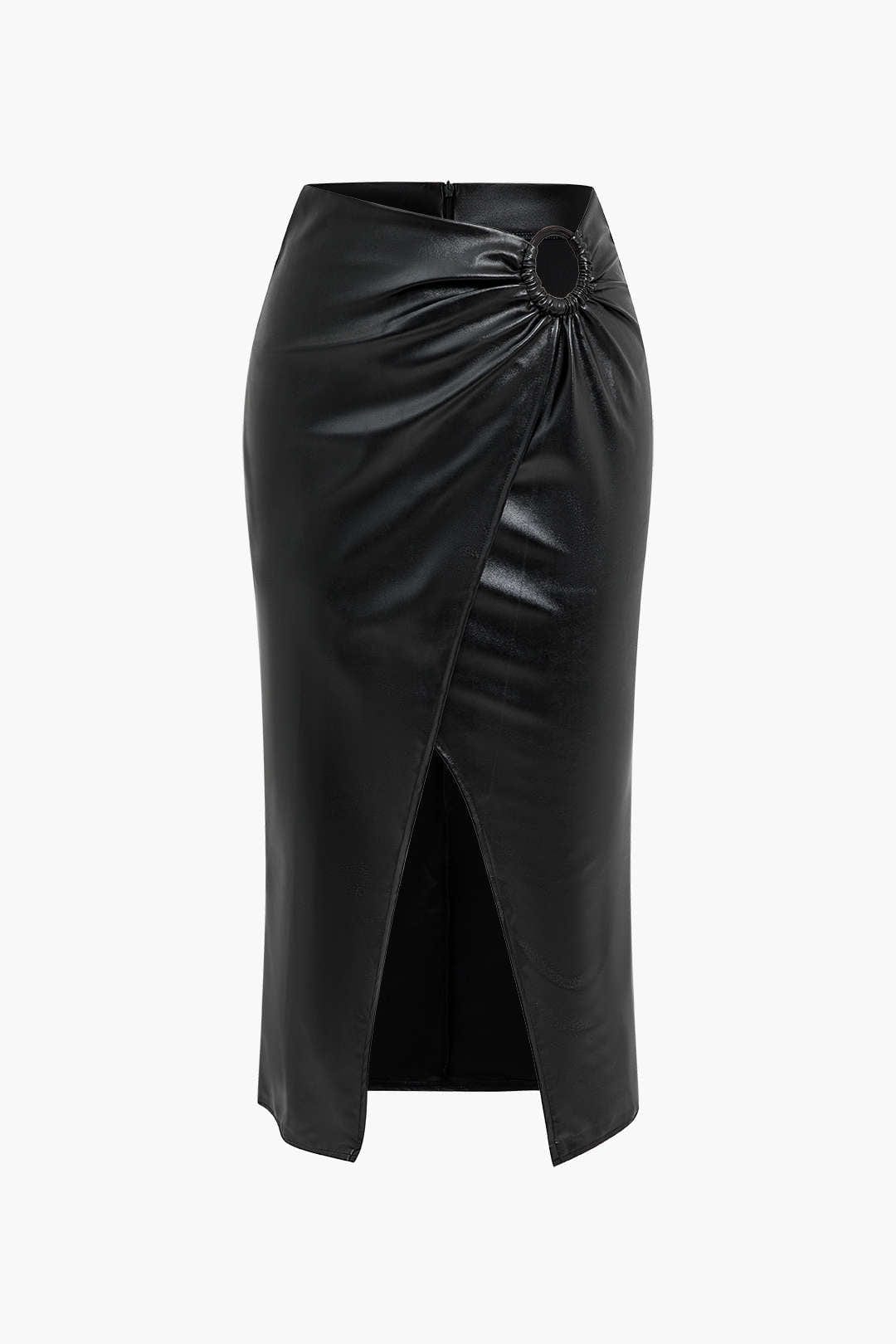 Womens Midi Skirt Black Leather