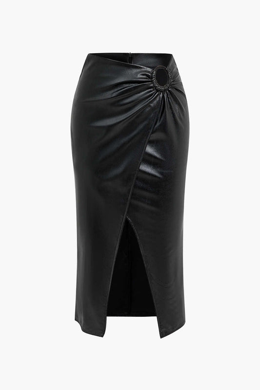 Womens Midi Skirt Black Leather