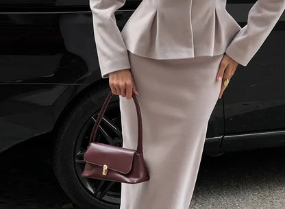 Woolen Blazer Zipper Skirt Office Two Piece Set