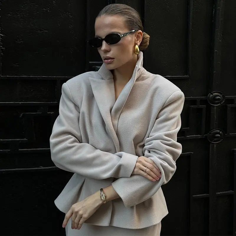 Woolen Blazer Zipper Skirt Office Two Piece Set