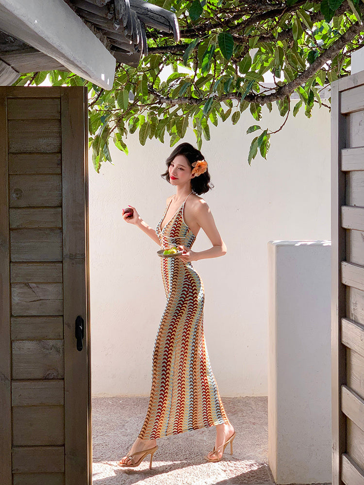 Woven Spaghetti Strap Halter Bodycon Maxi Dress