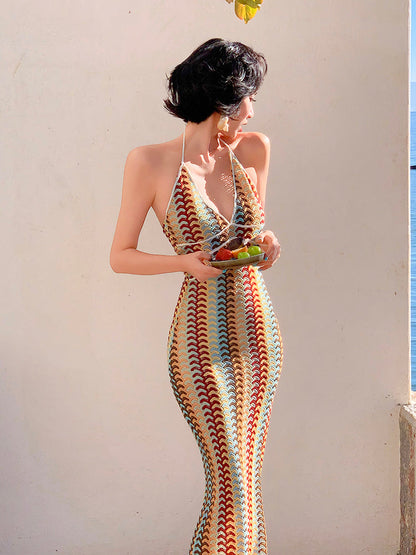 Woven Spaghetti Strap Halter Bodycon Maxi Dress
