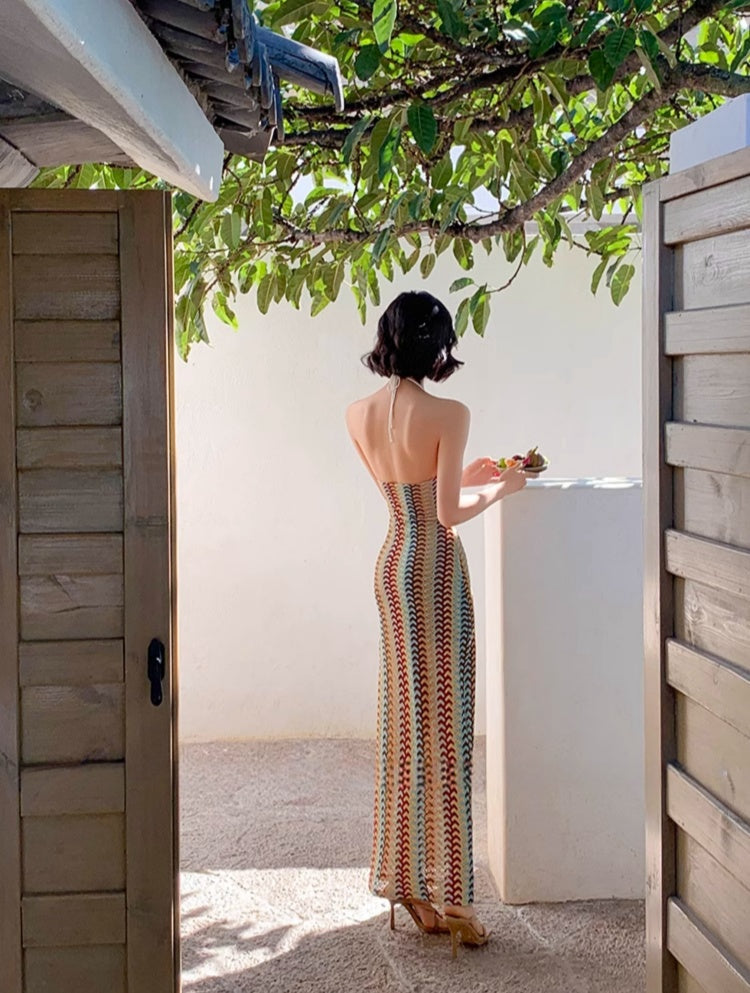 Woven Spaghetti Strap Halter Bodycon Maxi Dress