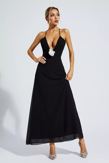 Wrenley Black Floral Embellished Maxi Dress