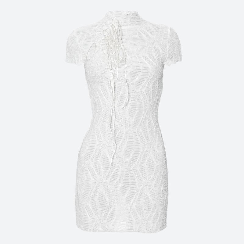Mock Neck Chest Cutout Ribbon Tie Crinkle Texture Cap Sleeve Mini Dress