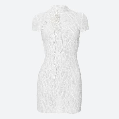 Mock Neck Chest Cutout Ribbon Tie Crinkle Texture Cap Sleeve Mini Dress