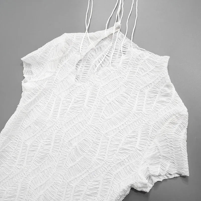 Mock Neck Chest Cutout Ribbon Tie Crinkle Texture Cap Sleeve Mini Dress