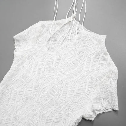 Mock Neck Chest Cutout Ribbon Tie Crinkle Texture Cap Sleeve Mini Dress