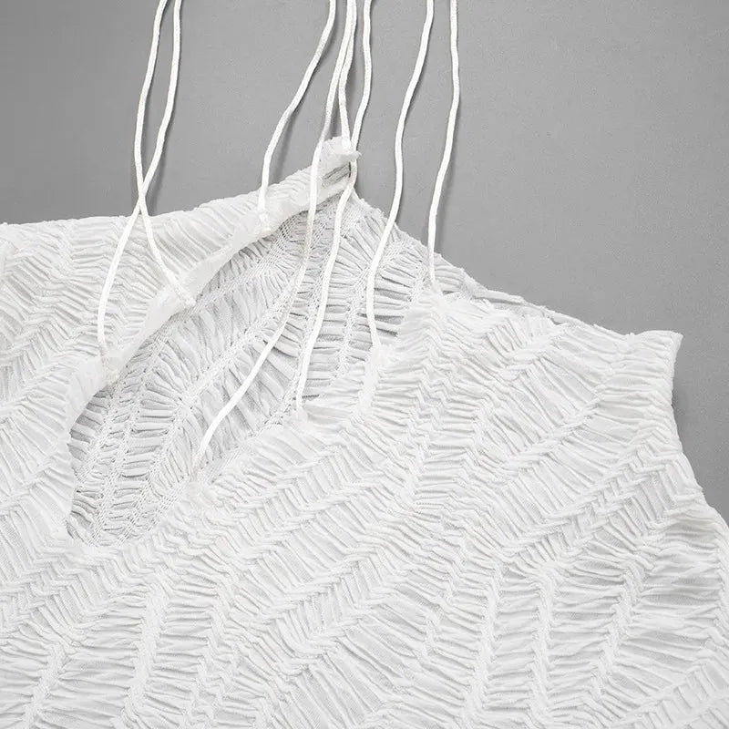 Mock Neck Chest Cutout Ribbon Tie Crinkle Texture Cap Sleeve Mini Dress