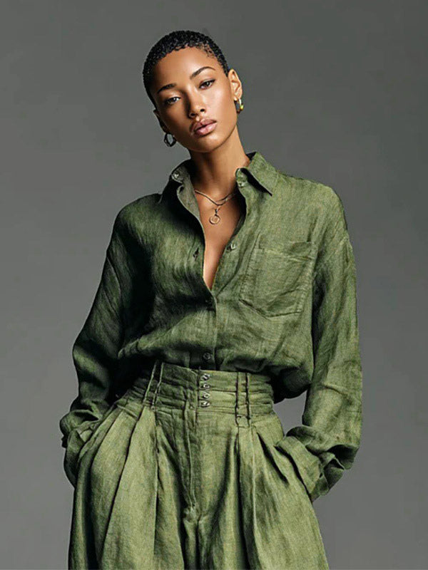 Olive Green 2 Piece Set For Women - Button Down Shirt And Retro High Waist Wide Leg Trouser - Spring Office Casual 2026