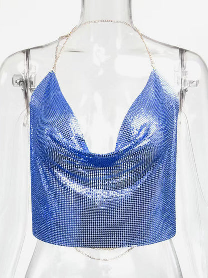 Sexy Straps Halter Metal Tops Sequin Clubwear Tops Sliver Sleeveless Spaghetti Straps Cami Draped Crop For Women