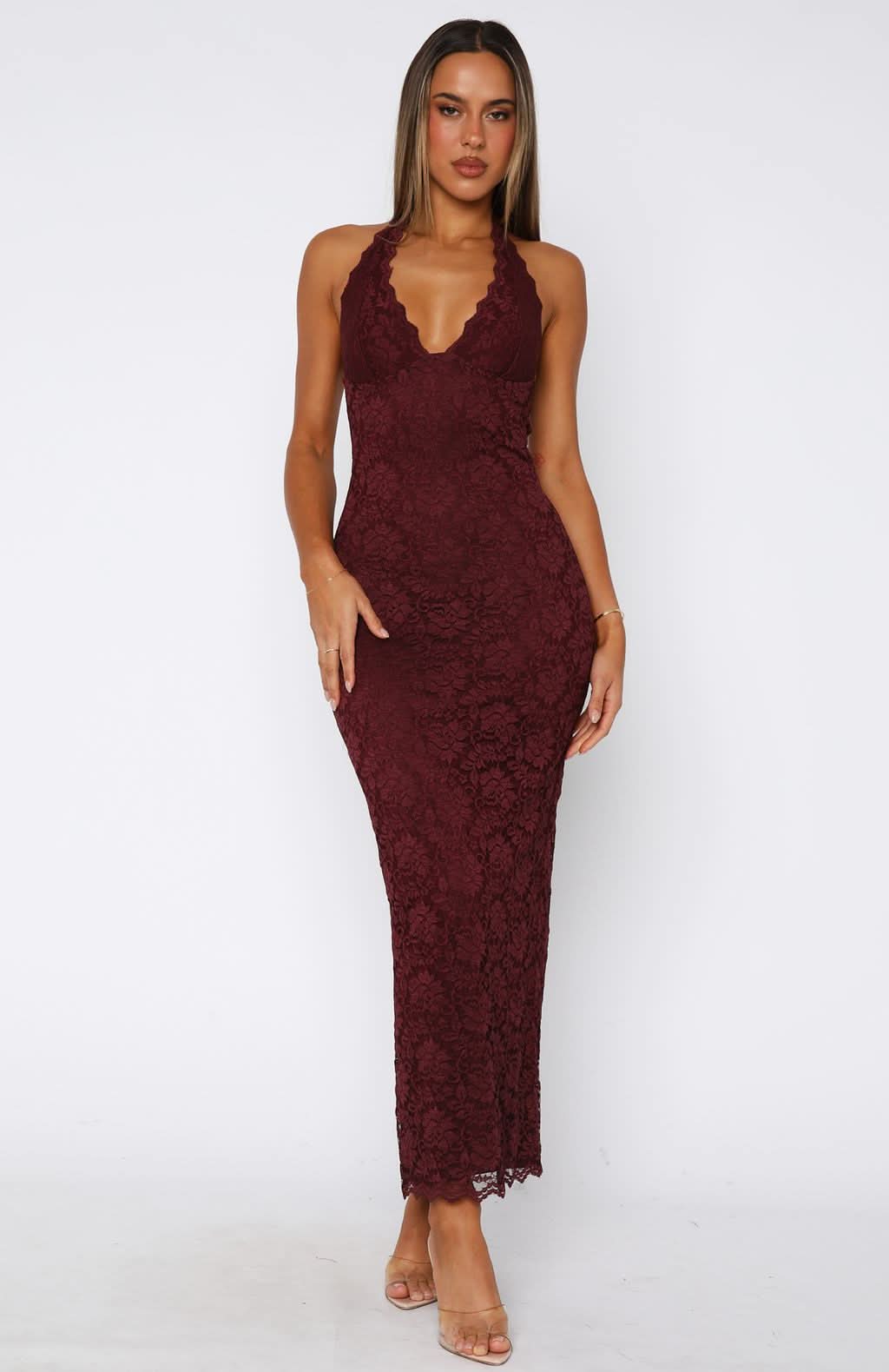 Floral Lace Halter Neck Deep V Scalloped Hem Maxi Dress