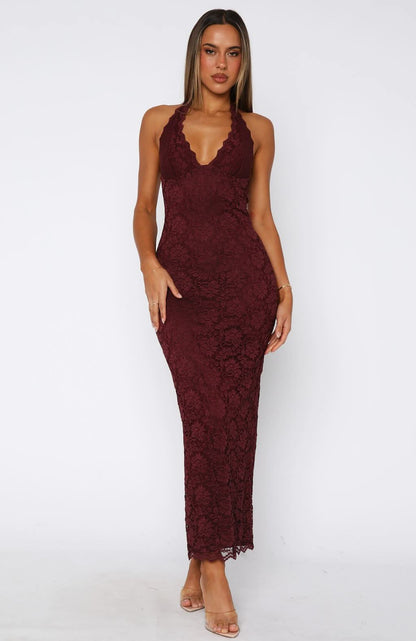 Floral Lace Halter Neck Deep V Scalloped Hem Maxi Dress