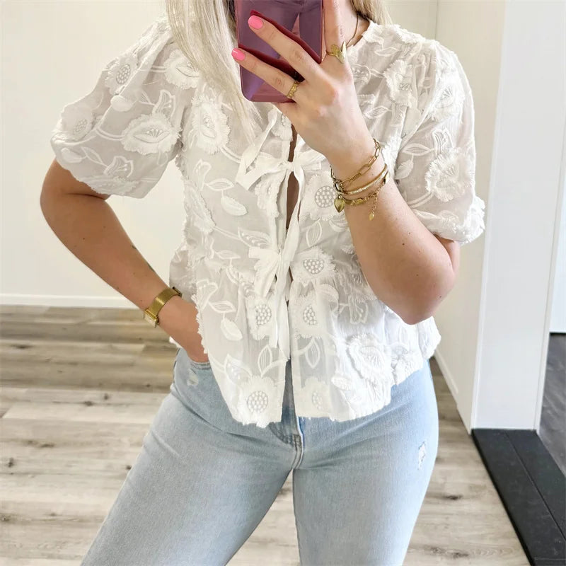 Floral Embroidery Puff Short Sleeve Blouse