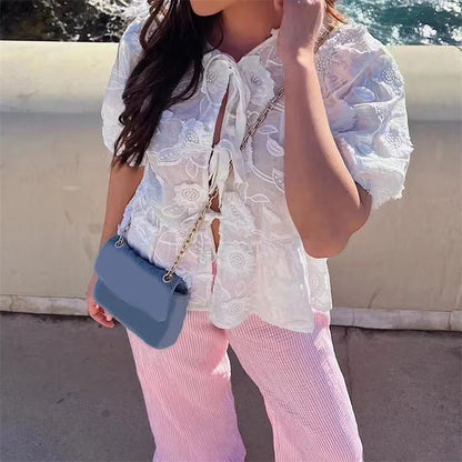 Floral Embroidery Puff Short Sleeve Blouse