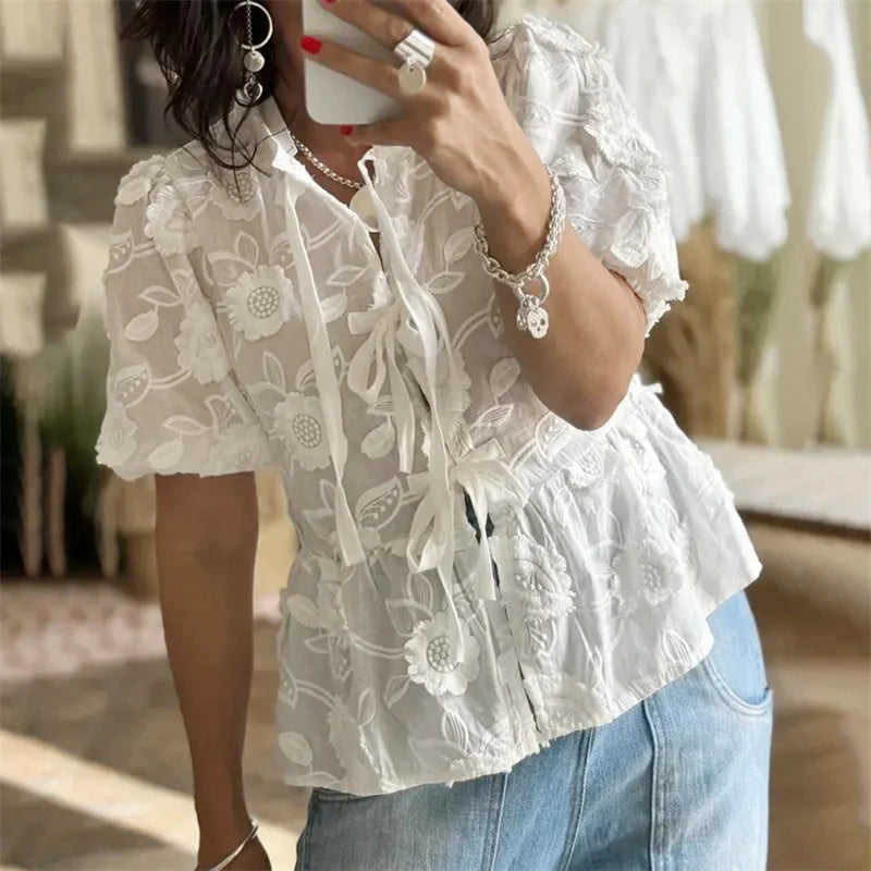 Floral Embroidery Puff Short Sleeve Blouse