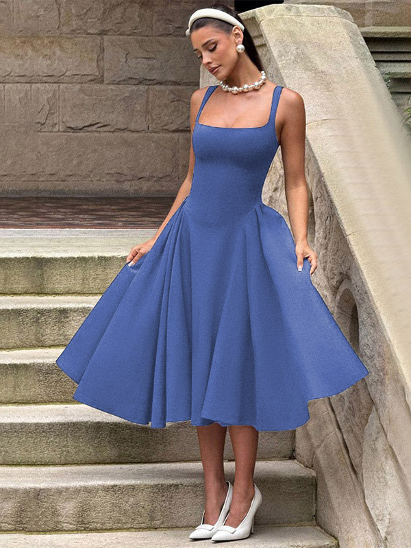 Square Neck Midi Dress For Women - Retro A-Line Pleated Dress - Spring Cocktail Party 2026