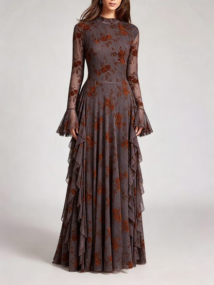 Party Dress Maxi Stand Collar Long Sleeves Floral Print Long Flared Sleeves Deep Brown Gown