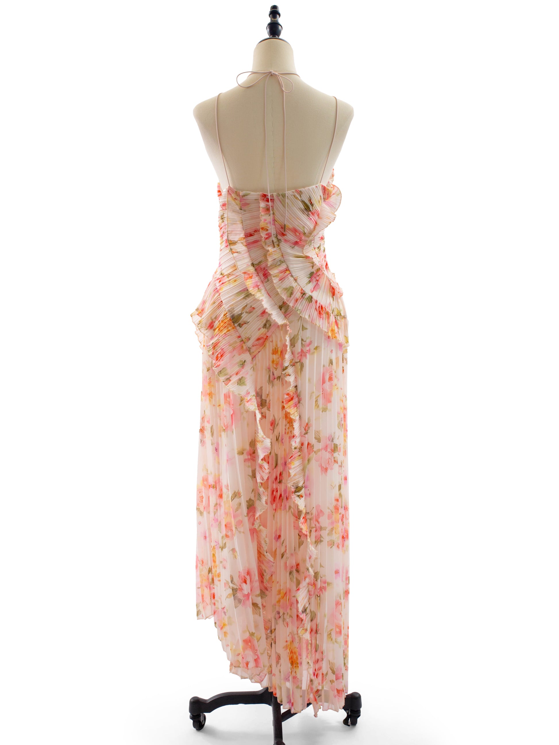 Date Night Dresses Maxi Asymmetrical Pleated Ruffles Sleeveless Floral Print Halter Elegant Dress