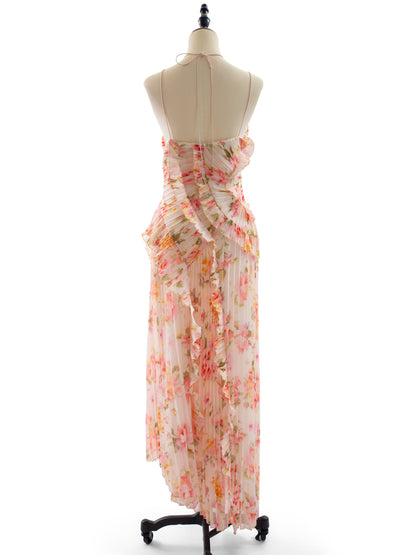 Date Night Dresses Maxi Asymmetrical Pleated Ruffles Sleeveless Floral Print Halter Elegant Dress