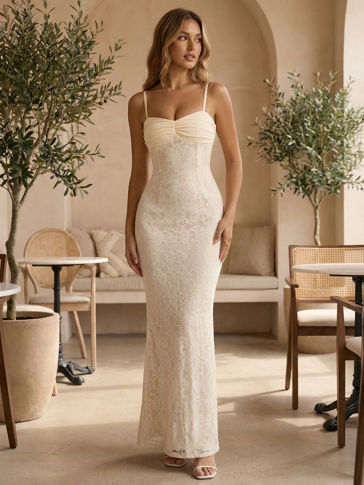 Aesthetic Lace Maxi Dress For Women - Apricot Ruched Bodycon Gown - Summer Wedding Guest Party Wear 2026