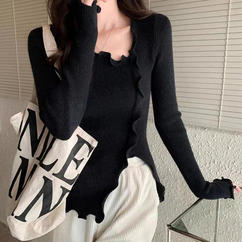 Aesthetic Irregular Ruffles Knit Crop Solid Long Sleeve Knit Top