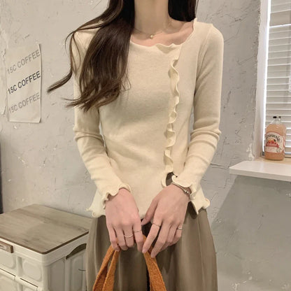 Aesthetic Irregular Ruffles Knit Crop Solid Long Sleeve Knit Top